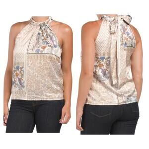 Rachel Zoe Silky Tie Neck Sleeveless Patchwork Top